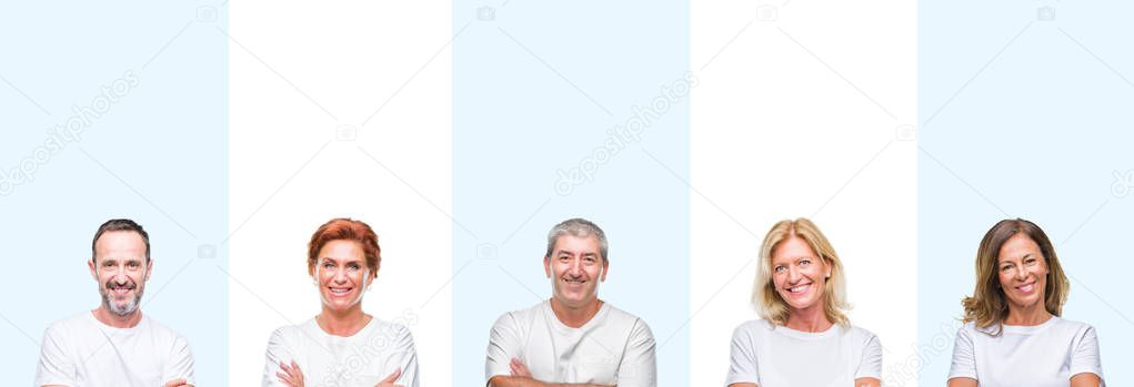 Collage of group middle age and senior people wearing white t-shirt over isolated background happy face smiling with crossed arms looking at the camera. Positive person.