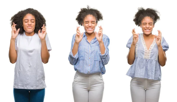 Kolaż African American Kobieta Białym Tle Uśmiechnięty Palców Przejściach Nadzieją — Zdjęcie stockowe