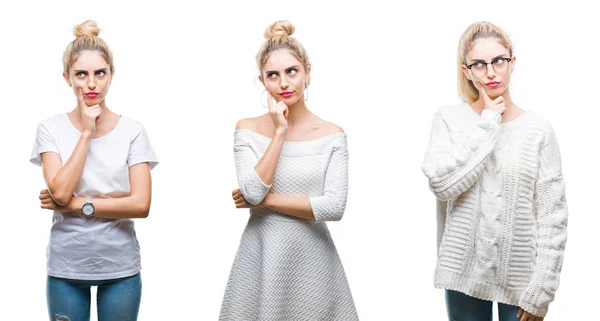 Collage Einer Jungen Schönen Blonden Frau Über Weißem Isoliertem Hintergrund — Stockfoto