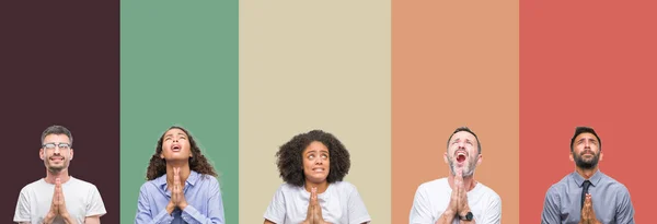 Kolaż Grupą Młodych Starszych Ludzi Kolorowy Białym Tle Żebractwa Modląc — Zdjęcie stockowe