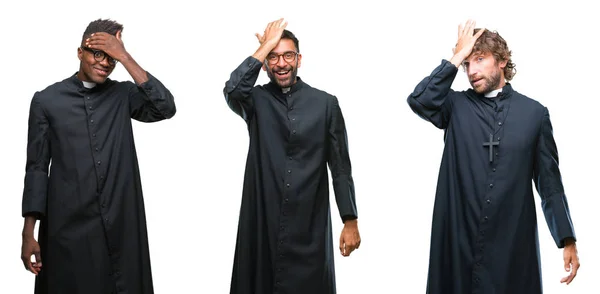Collage Christian Priest Men Isolated Background Surprised Hand Head Mistake — Stock Photo, Image