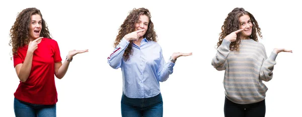 Collage Joven Morena Pelo Rizado Chica Sobre Fondo Aislado Sorprendido —  Fotos de Stock