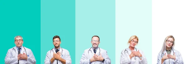 Collage Grupo Médicos Con Estetoscopio Sobre Fondo Aislado Colorido Sonriendo —  Fotos de Stock