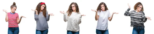 Collage Young Brunette Curly Hair Girl Isolated Background Clueless Confused — Stock Photo, Image