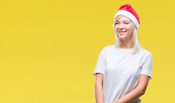 Jovem Mulher Loira Bonita Vestindo Chapéu Natal Sobre Fundo Isolado — Fotografia de Stock