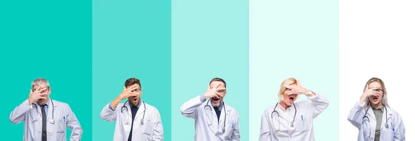 Collage Grupo Médicos Con Estetoscopio Sobre Colorido Fondo Aislado Asomándose —  Fotos de Stock