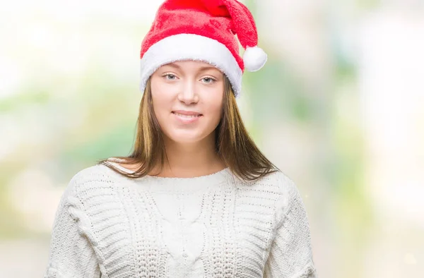 Mooie Kaukasische Jongedame Kerstmuts Dragen Geïsoleerde Achtergrond Met Een Gelukkig — Stockfoto