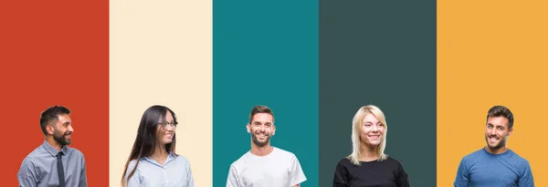 Collage Diferentes Etnias Jóvenes Sobre Rayas Coloridas Fondo Aislado Mirando — Foto de Stock
