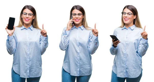 Colagem Jovem Mulher Negócios Bonita Usando Smartphone Sobre Fundo Isolado — Fotografia de Stock