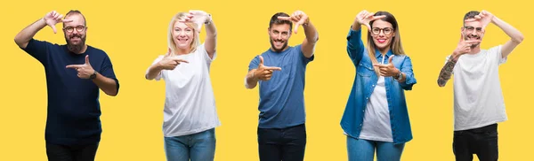 Collage Persone Gruppo Donne Uomini Sfondo Colorato Giallo Isolato Sorridente — Foto Stock