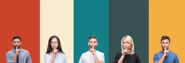 Collage Diferentes Etnias Jóvenes Sobre Rayas Colores Aislados Fondo Pidiendo —  Fotos de Stock