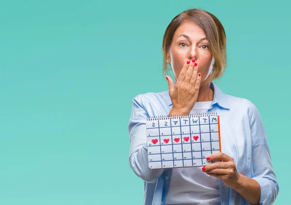 Mulher Hispânica Sênior Meia Idade Segurando Calendário Menstruação Sobre Fundo — Fotografia de Stock