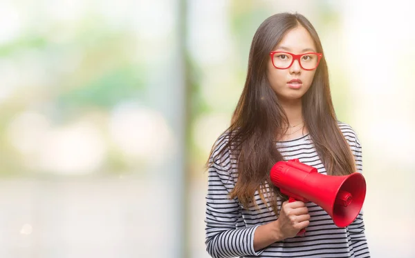 Young Asian Woman Holding Megaphone Isolated Background Confident Expression Smart — Stock Photo, Image