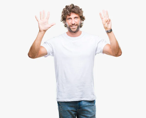 Hezký Hispánský Modelu Člověka Izolované Pozadí Zobrazení Ukázal Prsty Číslo — Stock fotografie