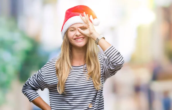 Unga Vackra Blonda Kvinnan Bär Jul Hatt Över Isolerade Bakgrund — Stockfoto