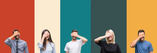 Collage Diferentes Etnias Jóvenes Sobre Rayas Colores Fondo Aislado Sonriendo — Foto de Stock