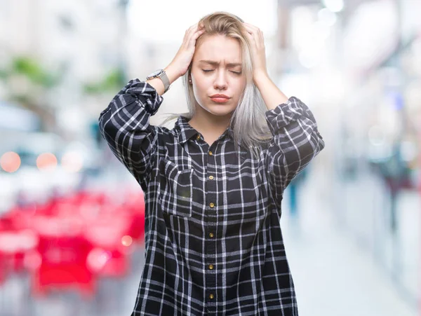 Jonge Blonde Vrouw Geïsoleerde Achtergrond Die Lijdt Aan Hoofdpijn Wanhopig — Stockfoto