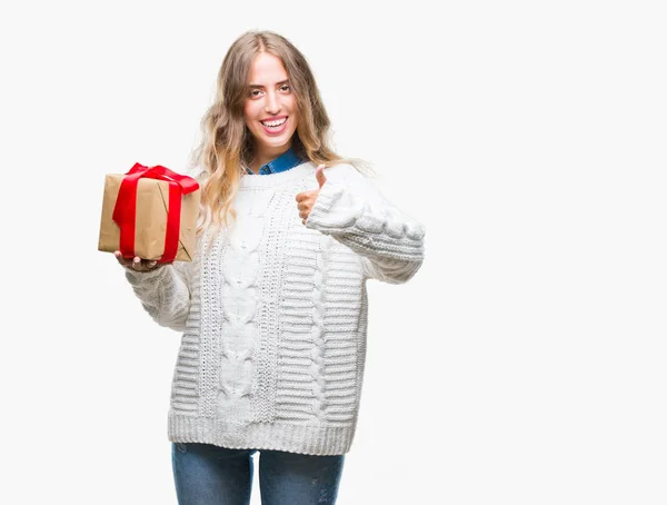 Beautiful Young Blonde Woman Holding Gift Isolated Background Happy Big — Stock Photo, Image