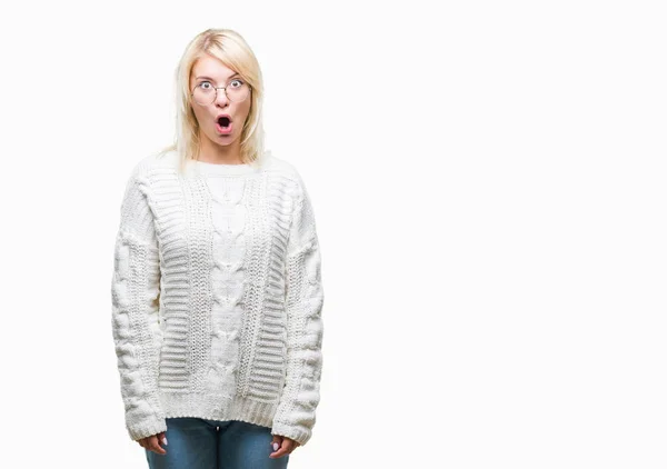 Junge Schöne Blonde Frau Trägt Winterpullover Und Brille Über Isoliertem — Stockfoto