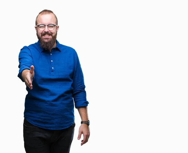 Joven Hombre Hipster Caucásico Con Gafas Sobre Fondo Aislado Sonriendo — Foto de Stock