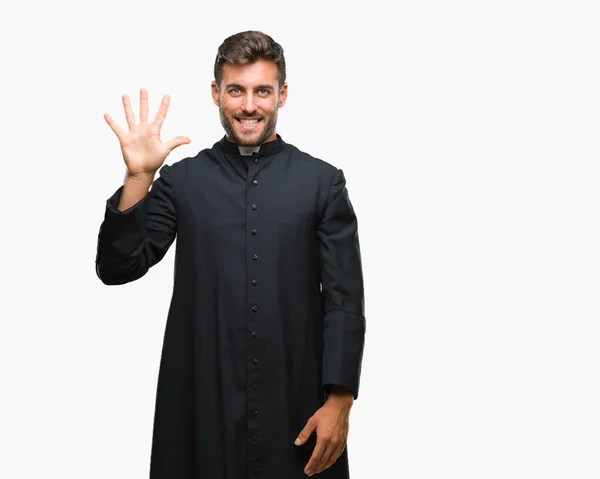 Junger Katholischer Christlicher Priester Über Isoliertem Hintergrund Der Mit Finger — Stockfoto