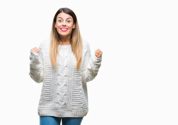 Mujer Hermosa Joven Suéter Blanco Casual Sobre Fondo Aislado Celebrando —  Fotos de Stock