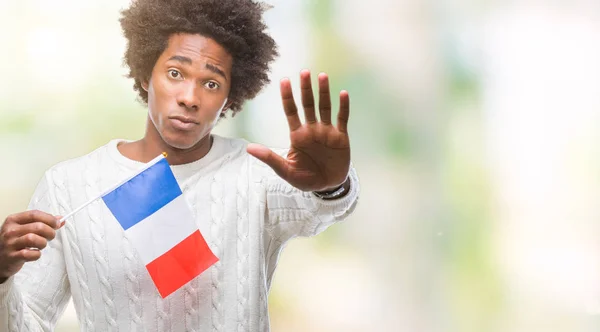 Afro Americano Bandeira Homem França Sobre Fundo Isolado Com Mão — Fotografia de Stock