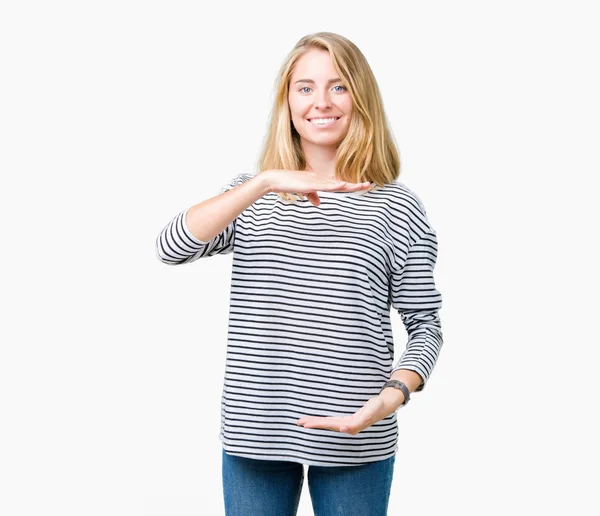 Hermosa Mujer Joven Con Suéter Rayas Sobre Fondo Aislado Gesto — Foto de Stock