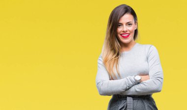 Genç güzel işçi iş kadın izole arka plan mutlu yüz çapraz silah kameraya bakarak ile gülümseyen yüzünden. Olumlu bir kişi.