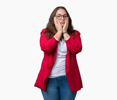 Artı boyutu genç iş kadını güzel şık ceket ve gözlük yüz, depresyon ve üzüntü, kapsayan izole arka plan yorgun eller üzerinde giyen üzgün ve sorun için tahriş