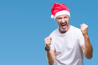 Gülümseyen ve başarı için çığlık izole arka plan çok mutlu ve heyecanlı kaldırdı, silah ile kazanan jest yapıyor üzerinde Noel şapka orta yaş ağarmış komuta sizde. Kutlama kavramı.