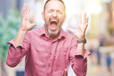 Orta yaş ağarmış üst düzey adam kızgın ve silah ile başarı için deli kutluyor izole arka plan üzerinde kaldırdı ve heyecanlı çığlık gözler kapalı. Kazanan kavramı