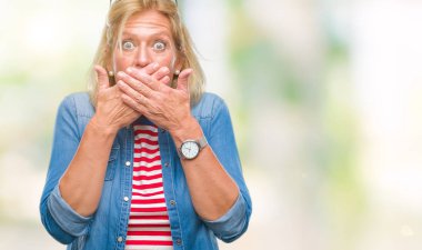 Orta yaş sarışın kadın izole arka plan ağız hata için elleriyle kapsayan şok yüzünden. Gizli kavramı.