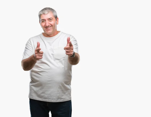 Handsome Senior Man Isolated Background Pointing Fingers Camera Happy Funny — Stock Photo, Image