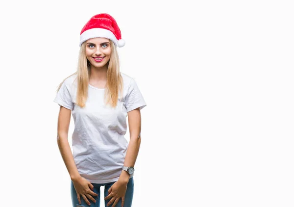 Joven Hermosa Mujer Rubia Sombrero Navidad Sobre Fondo Aislado Con — Foto de Stock
