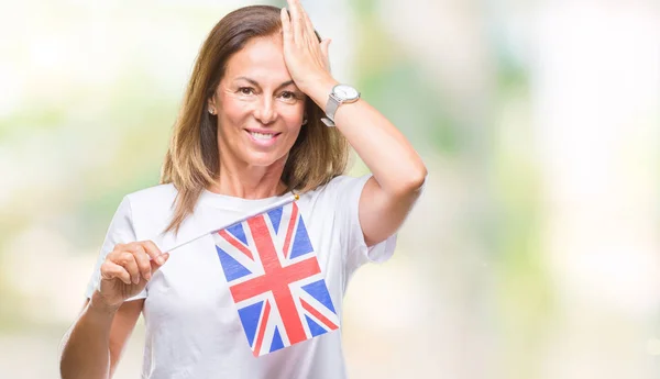 Mujer Hispana Mediana Edad Sosteniendo Bandera Del Reino Unido Sobre —  Fotos de Stock