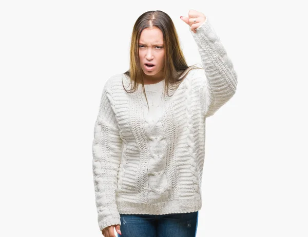 Jovem Bela Mulher Caucasiana Vestindo Camisola Inverno Sobre Fundo Isolado — Fotografia de Stock