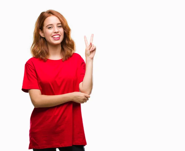 Mooie Jongedame Geïsoleerde Achtergrond Glimlachend Met Blij Gezicht Winking Camera — Stockfoto