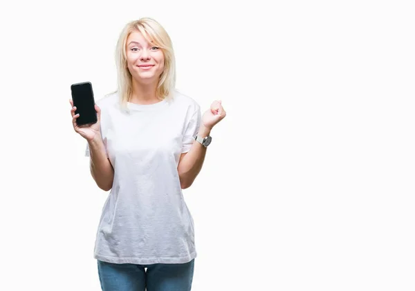 Молодая Красивая Блондинка Показывает Экран Смартфона Изолированном Фоне Кричит Гордо — стоковое фото