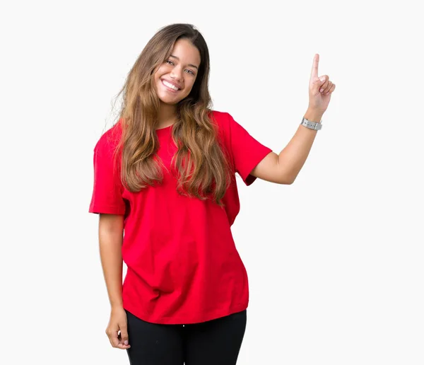 Jonge Mooie Brunette Vrouw Met Rode Shirt Geïsoleerde Achtergrond Met — Stockfoto