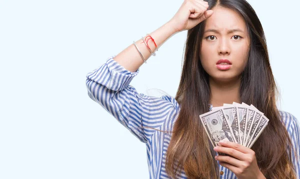 Young Asian Woman Holding Dollars Isolated Background Annoyed Frustrated Shouting — Stock Photo, Image