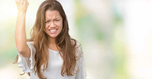 Giovane Bella Donna Affari Bruna Sfondo Isolato Arrabbiato Pazzo Alzando — Foto Stock