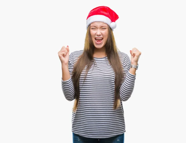 Giovane Bella Donna Caucasica Indossa Cappello Natale Sfondo Isolato Pazzo — Foto Stock