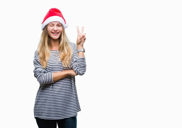 Mladá Krásná Blondýna Žena Nosí Vánoční Čepice Izolované Pozadí Usmívající — Stock fotografie