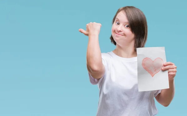 Young Adult Woman Syndrome Holding Red Heart Card Isolated Background — Stock Photo, Image