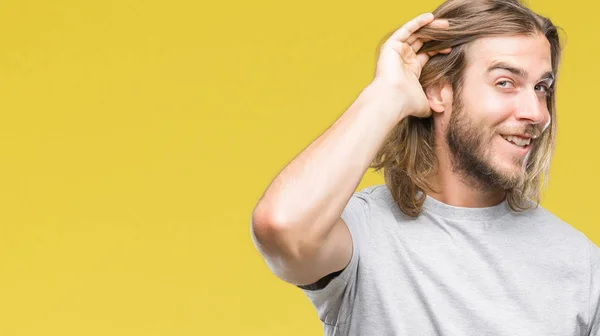 Young Handsome Man Long Hair Isolated Background Smiling Hand Ear — Stock Photo, Image