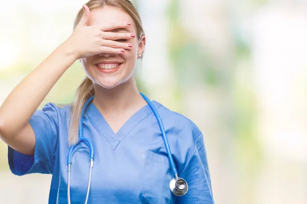 Young Blonde Surgeon Doctor Woman Isolated Background Smiling Laughing Hand — Stock Photo, Image