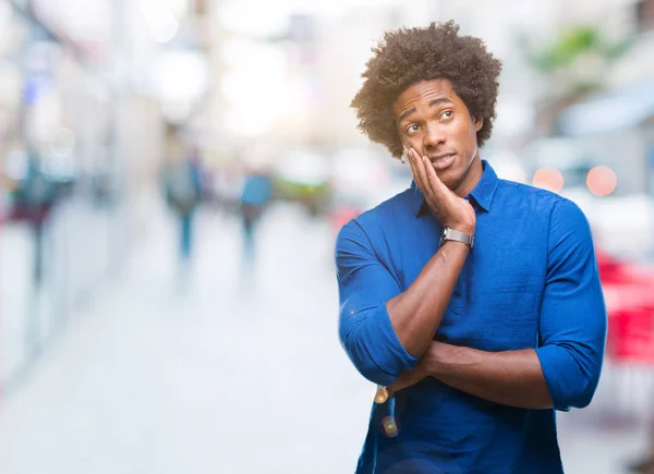 Afro Amerikai Ember Feletti Elszigetelt Háttér Gondolkodás Látszó Fáradt Unatkozni — Stock Fotó
