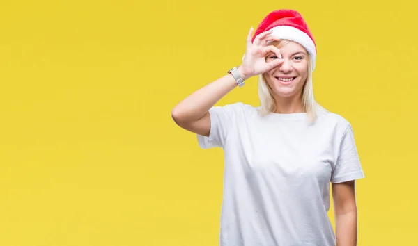 Joven Hermosa Mujer Rubia Con Sombrero Navidad Sobre Fondo Aislado — Foto de Stock