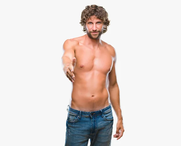 Knappe Spaanse Model Man Sexy Shirtless Geïsoleerde Achtergrond Lachende Vriendelijke — Stockfoto